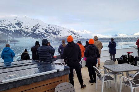 On the foredeck, admiring Grand Pacific (right) and Margerie (left) glaciers